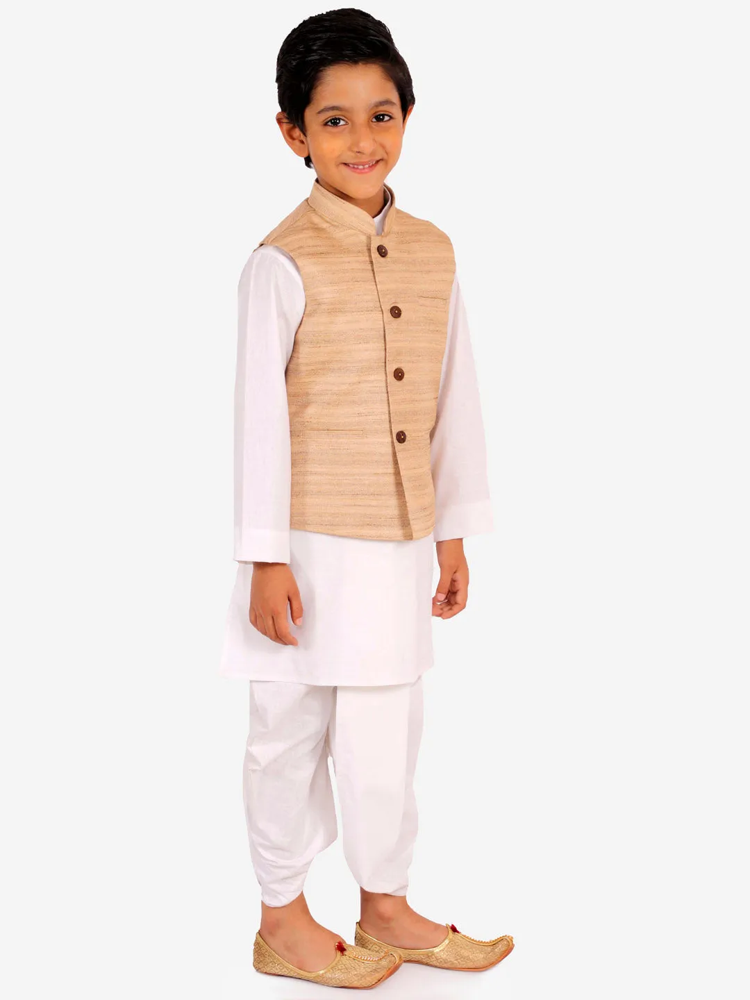 Vastramay Beige And White Matka Silk Jacket, Kurta and Dhoti Set