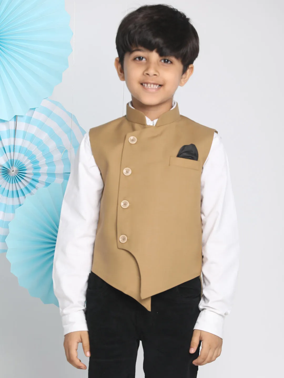 VASTRAMAY Beige Cotton Blend Twill Nehru Jacket