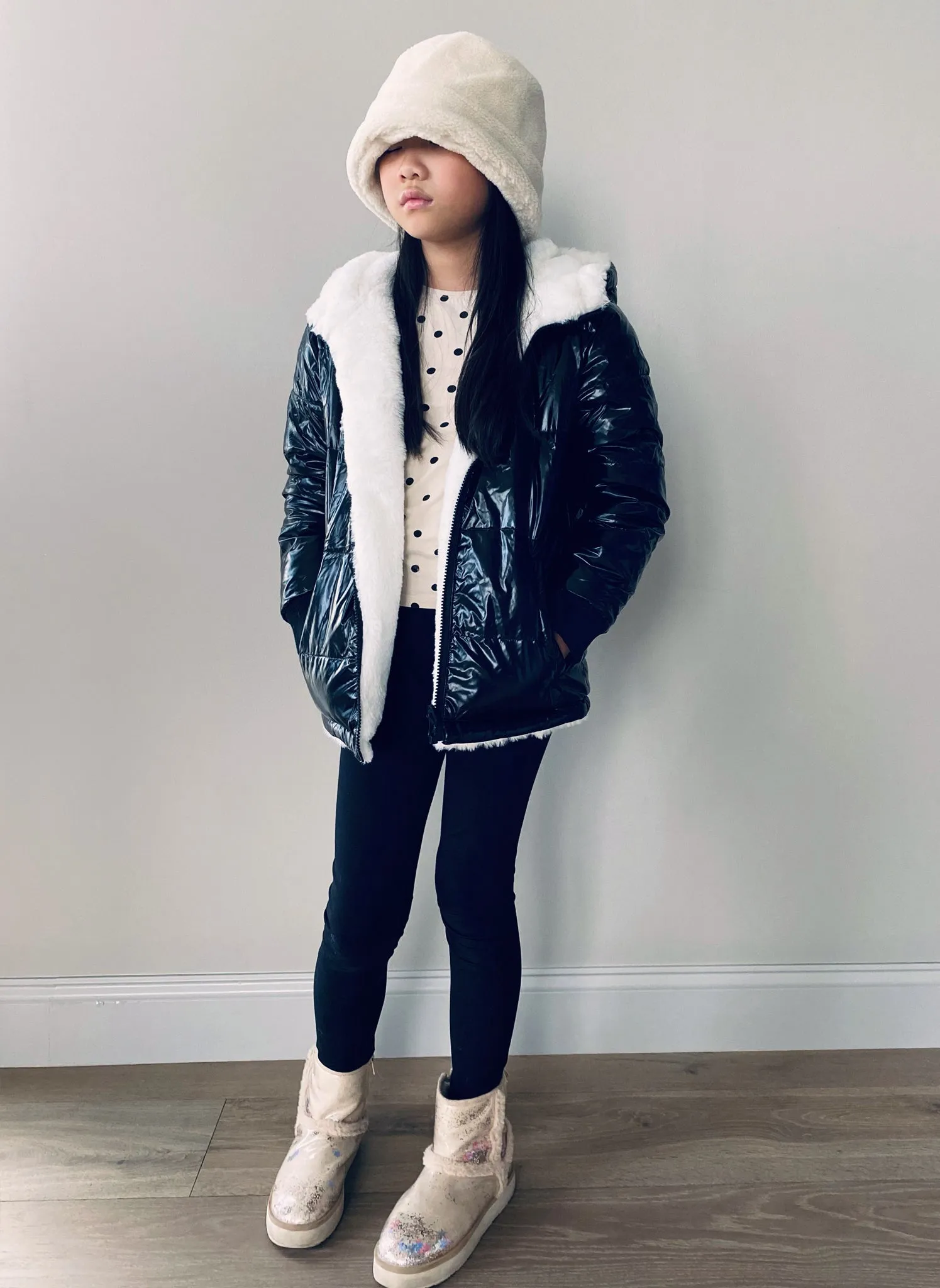 Vierra Rose Jusuf Reversible Jacket in White Fur/ Shiny Black