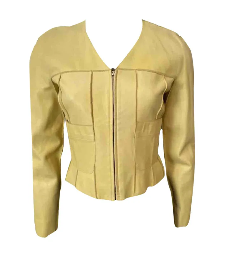 Vintage Chanel 99P, 1999 Spring yellow soft lambskin leather jacket FR 34 US 2/4