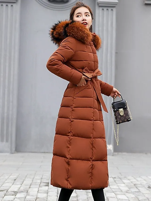 Women's Long Puffer Jacket with Belted Hood and Heating - Rust Red Caramel