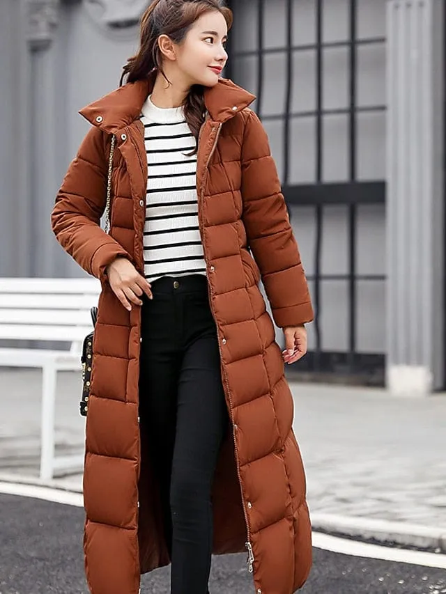 Women's Long Puffer Jacket with Belted Hood and Heating - Rust Red Caramel